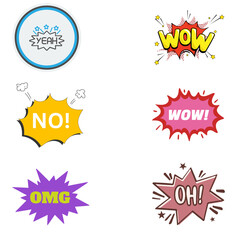 Comic speech bubble icon set___Expressions Yeah,wow,omg,Oh,No stickers, isolated on white background.