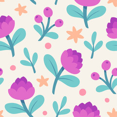 Vector cute floral seamless pattern. Botanical delicate background with flowers and abstract stars elements.