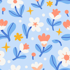 Vector cute floral seamless pattern. Botanical delicate background with flowers and abstract stars elements.