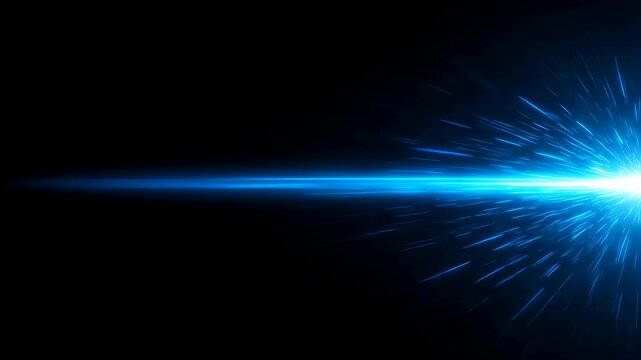 Bright blue light beam across dark background, with particles radiating from an exploding light, fast movement concept.