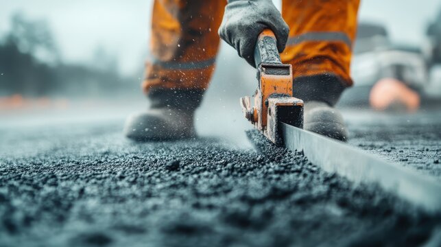 A construction worker meticulously paving a road, showcasing the dedication and craftsmanship involved in infrastructure development and the important role of labor in society.
