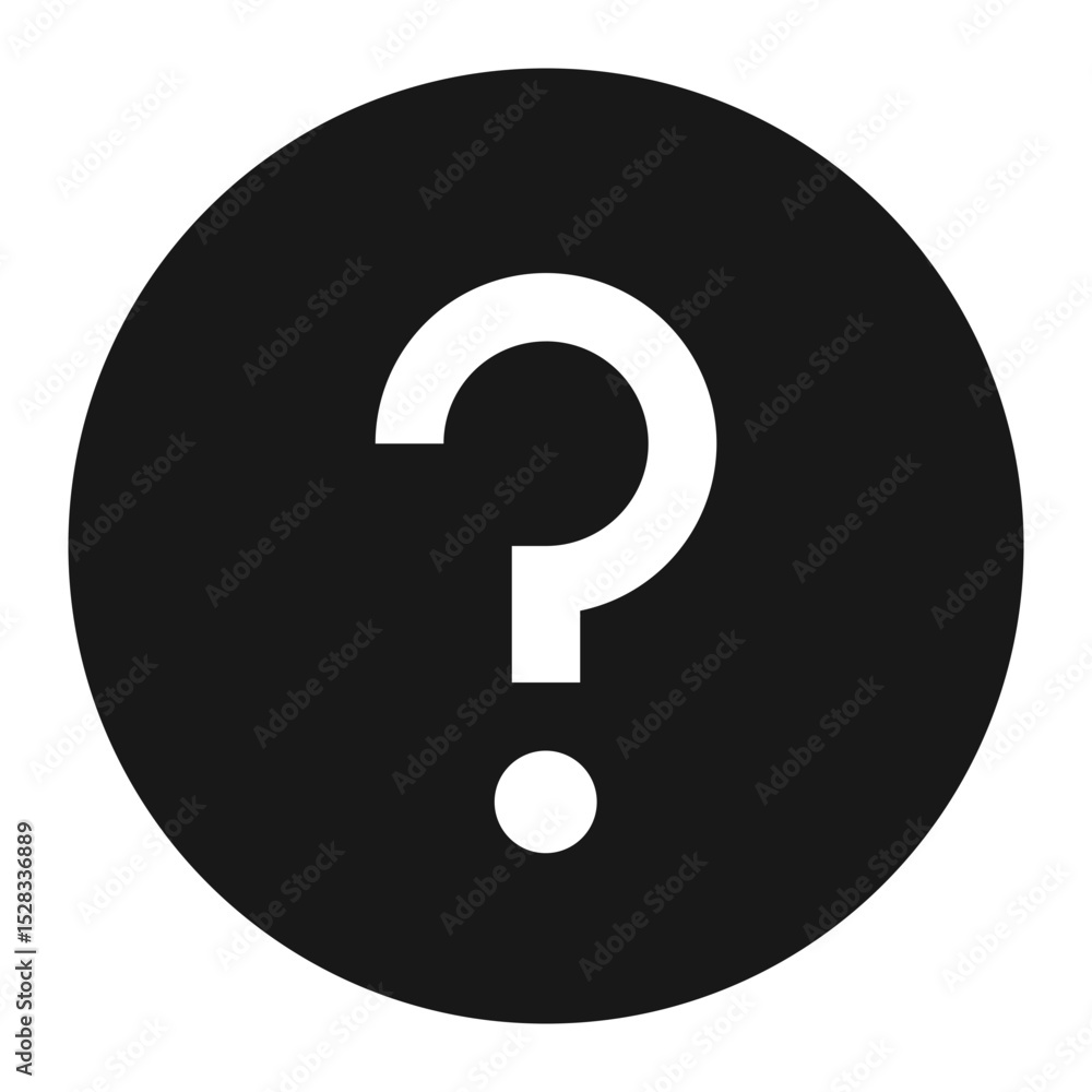 Poster question mark in a black circle indicating uncertainty and inquiry with a simple and clean design el