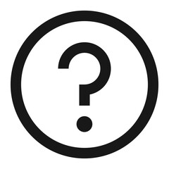 A simple black question mark icon enclosed within a circular border on a white background design element