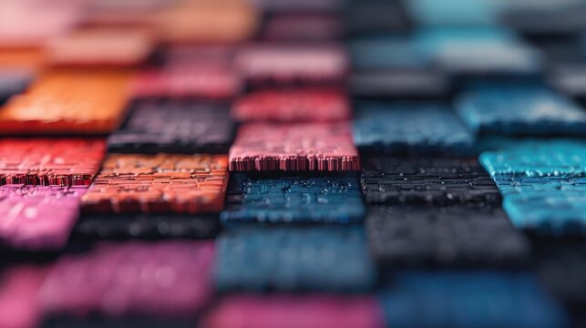 A striking abstract collection of vibrant, textured tiles in various colors, creating a visually appealing and modern design that captures attention with its intricate details.