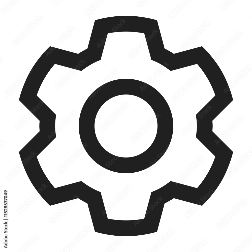 Poster illustration of a simple gear with a circular center and jagged outer edges in a solid black color