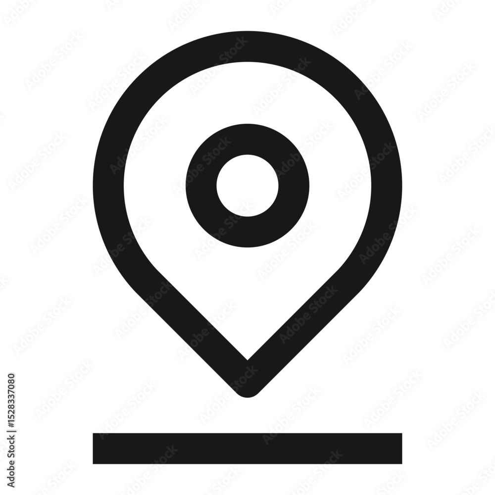 Poster black location pin with a circle inside and a horizontal line below on a white background simple des