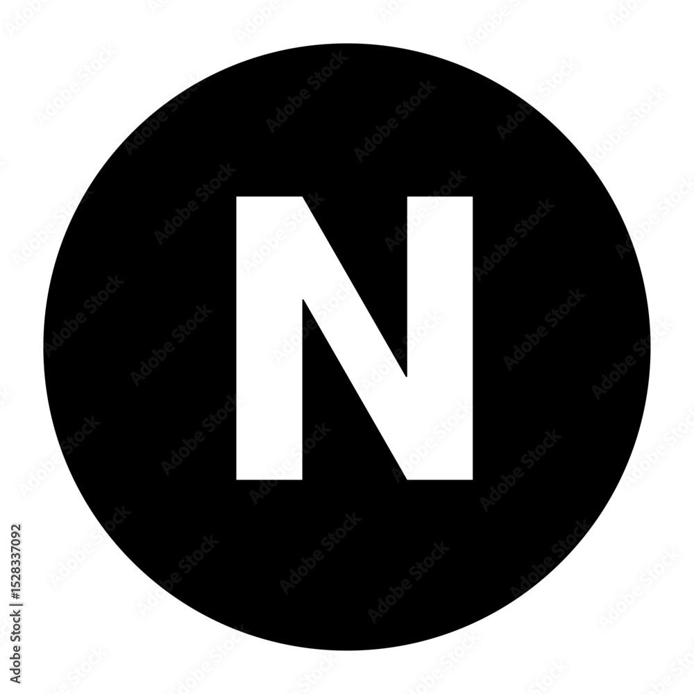 Poster letter n in white color inside a black circle with a simple and clean design for logo or icon use