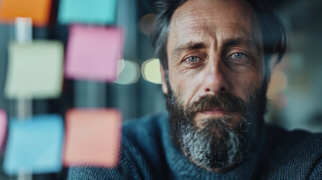 A thoughtful man gazes directly at the camera, surrounded by colorful sticky notes in a bright room, embodying creativity and contemplation in a modern workspace.