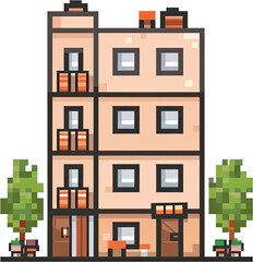 Obraz premium Pixel art illustration of a multi-story building.