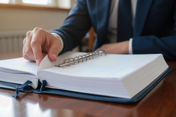 businessman's hand turning pages in a legal binder on a polished wood table, blurred background.