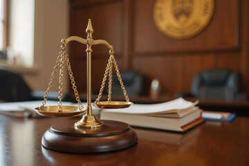 low angle close up of legal scales placed on a courtroom desk with shallow depth of field.