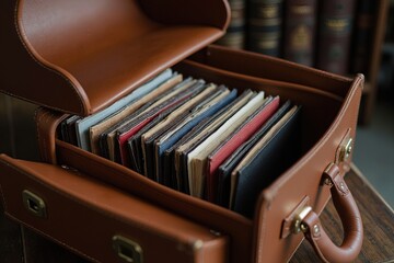 zoom in on the cover of a leather briefcase being opened with legal folders inside, no face shown.