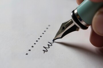 tight close up on a fountain pen tip as it touches a dotted signature line.