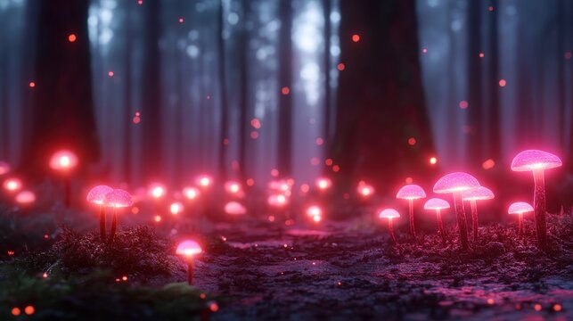 A captivating view of a misty forest with luminescent mushrooms glowing in shades of pink, creating an ethereal atmosphere filled with magical sparks of light.