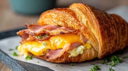 A mouthwatering display of a croissant sandwich filled with eggs and ham, garnished with herbs, beautifully presented to evoke appetite and indulgence in breakfast cuisine.