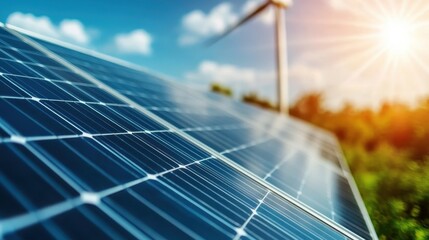 A vibrant image of solar panels reflecting sunlight under a clear blue sky, symbolizing renewable energy, sustainability, and technological advancement in a clean environment.