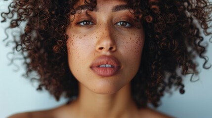 A captivating close-up portrait featuring a person with beautiful curly hair and freckles, showcasing raw beauty and authenticity in a minimalistic setting.