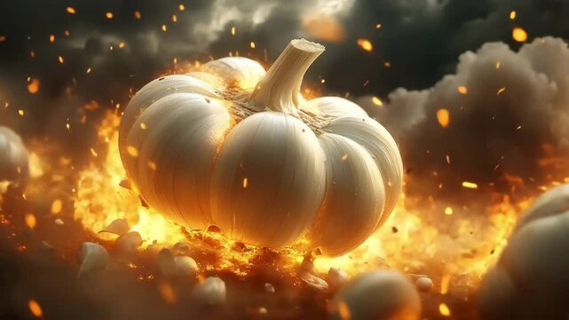 A glowing white garlic bulb bursts through a fiery explosion amid dark smoky skies, blending surreal culinary imagery with dramatic energy, perfect for fantasy concepts or food-inspired artwork.