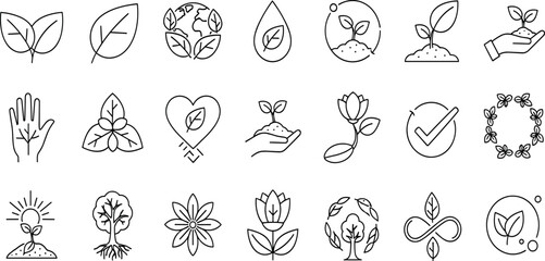 Fototapeta premium Eco friendly line icon set. Vector pictograms of sustainability, renewable energy, clean, save, agriculture, climate, forest