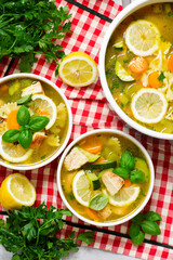 Summer Grilled Lemon Chicken and Vegetable Soup.style hugge.selective focus