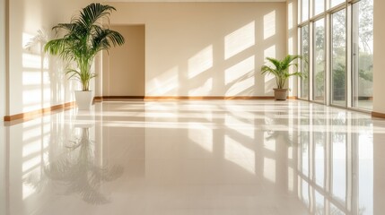 Fototapeta premium A bright, airy room filled with sunlight, showcasing tall plants and polished floors, ideal for a fresh, uplifting atmosphere that promotes well-being and creativity.