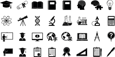 Education and science glyph icon set. Vector pictograms of atom, microscope, test tube, flask, telescope, dna, laptop, checklist, clipboard, black sign 