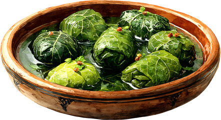 Dolma in a bowl with sauce, watercolor clipart illustration with isolated white background, transparent background.