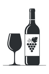 Elegant Wine Bottle and Glass Silhouette with Grape Label Design Perfect for Wine Related Projects and Designs in Black and White Style