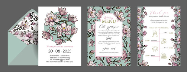 Vibrant magnolia wedding invitation template. Design of a botanical wedding menu, vector style, fashion cover, graphic poster, brochure.
