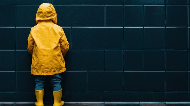 A child wearing a bright yellow raincoat stands against a textured, dark wall, capturing a sense of isolation and playfulness in a vibrant urban environment.