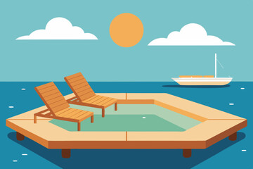 Fototapeta premium Black Silhouette Yacht Sun Deck with Wooden Chairs and Infinity Pool Vector illustration Background