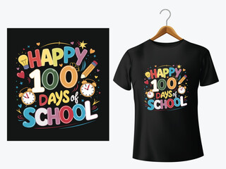 Colorful happy 100 days of school t shirt design featuring school icons and typography