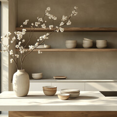 Minimalist kitchen with flowers in a vase on a wooden countertop