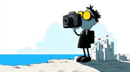Quirky character photographing sandcastle by the ocean