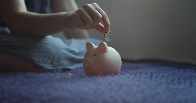 Provident economical little girl child put money into piggy bank saving for future needs. Savings, budget planning. Happy smart 12s teen kid make donation contribution in piggy bank.