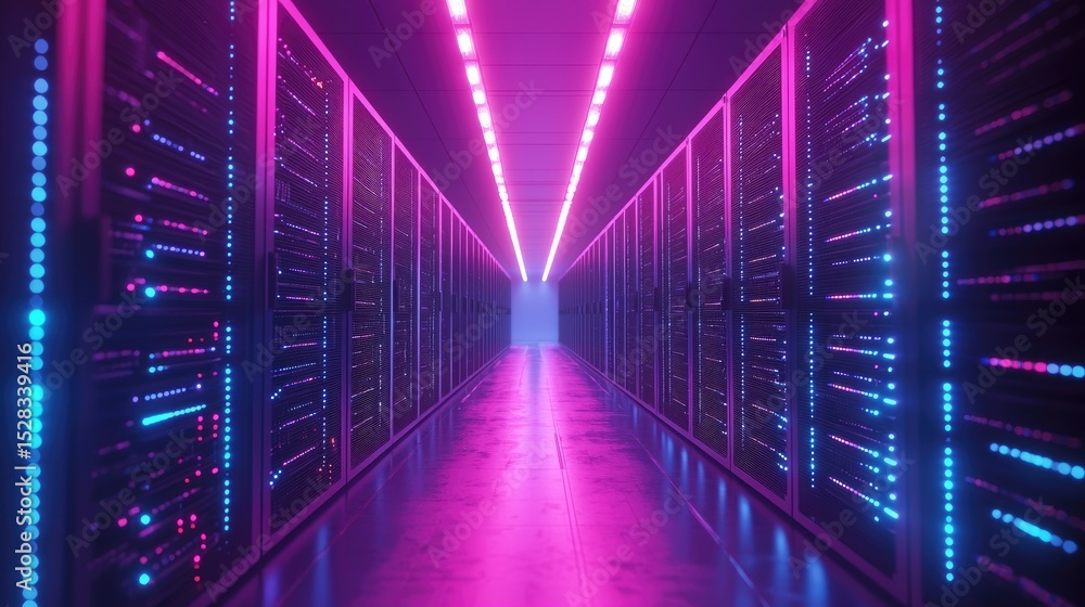 Poster Futuristic data center interior with glowing blue and pink lights reflecting on the floor, featuring rows of server racks under LED lights in a symmetrical, high-tech environment