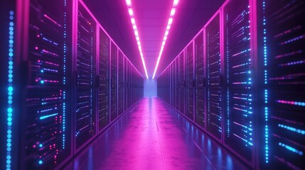 Fototapeta premium Futuristic data center interior with glowing blue and pink lights reflecting on the floor, featuring rows of server racks under LED lights in a symmetrical, high-tech environment