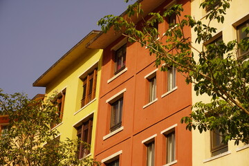 Colorful Residential Building with Leafy Foreground and Blue Sky
