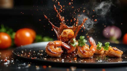This visually stunning image showcases a gourmet shrimp dish as it splashes against a dark background, emphasizing culinary artistry and inviting viewers to indulge in flavor and elegance.
