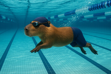 Capibara vestido de nadador en la piscina ol&iacute;mpica