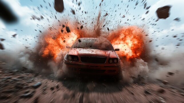 This intense image portrays a dramatic car explosion, with debris and flames erupting around, capturing the adrenaline rush and thrill of high-energy automotive action and chaos.