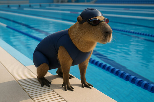 Capibara vestido de nadador en la piscina ol&iacute;mpica
