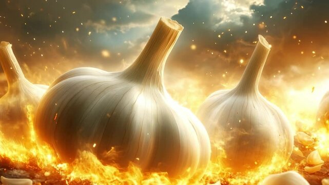 Giant garlic bulbs rise dramatically from a fiery ground under a glowing sky. The surreal scene blends natural elements with fantasy, a powerful and mystical visual perfect for creative concept