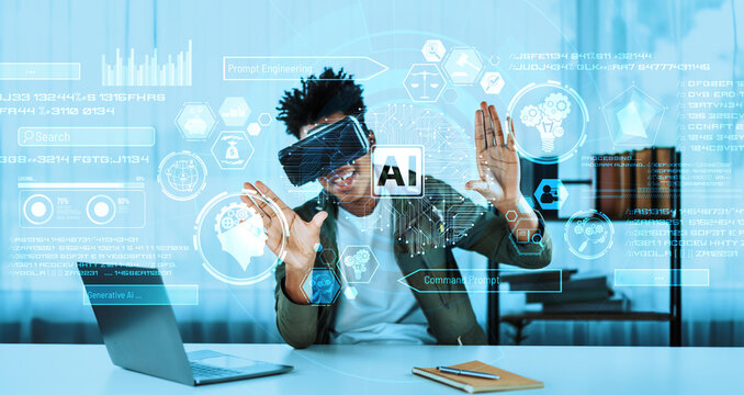 African man using AI technology while wearing VR glasses. Smiling person sitting at table with book in living room while generating AI and looking at hologram. Artificial intelligence. Ingenuity. - Powered by Adobe