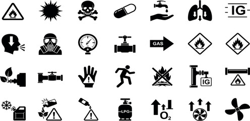 Gas safety glyph icon set. Vector pictograms of flammable, toxic, explosive, warning, danger, protective mask, no flame zone, label,