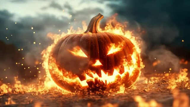 A terrifying jack-o'-lantern blazes with intense fire in a dark, stormy setting. The flaming pumpkin glows ominously, creating a powerful and haunting Halloween atmosphere full of fear and mystery.