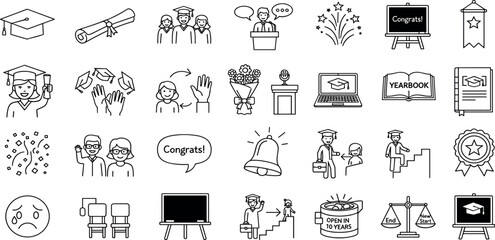 Graduation line icon set. Vector pictograms of student, graduate, tassel, scroll, ribbon, speech, education, diploma, certificate