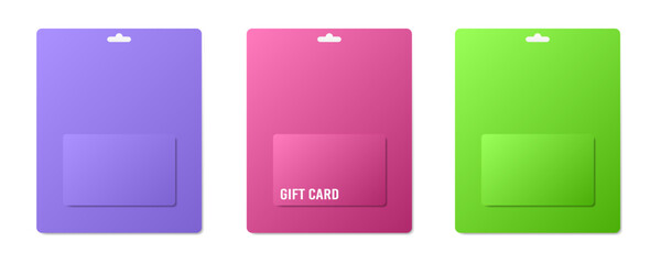 Gift card packaging mockups with hanging hole. Purple, pink and neon green cardboard packs. Voucher or coupon