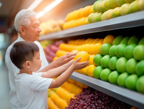 Elderly man and young boy selecting fresh fruits together in a vibrant grocery store, surrounded by colorful displays of oranges, lemons, and green apples, showcasing family bonding moments