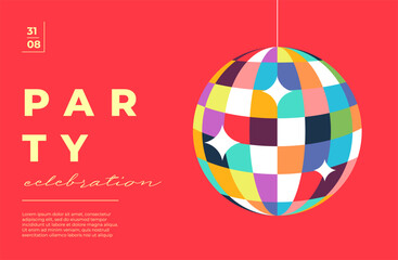 Retro disco ball shines at dance party night. Flat vector design with mirror globe, glitter light and groovy 70s vibe. Perfect for nightclub posters, concert flyers or funky event banners.